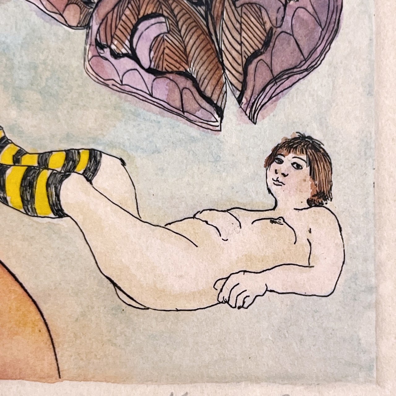 Karen Levy Signed Figure with Moths Surrealist Hand-Colored Etching