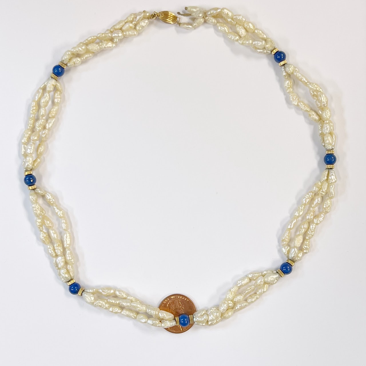 14K Gold with Seed Pearl and Blue Stone Necklace Needs Repair