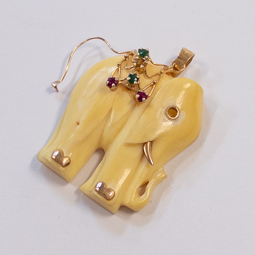 14K Gold and Bone Vintage Elephant Pendant