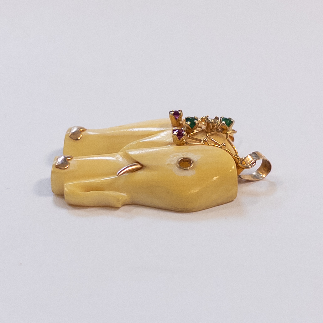 14K Gold and Bone Vintage Elephant Pendant