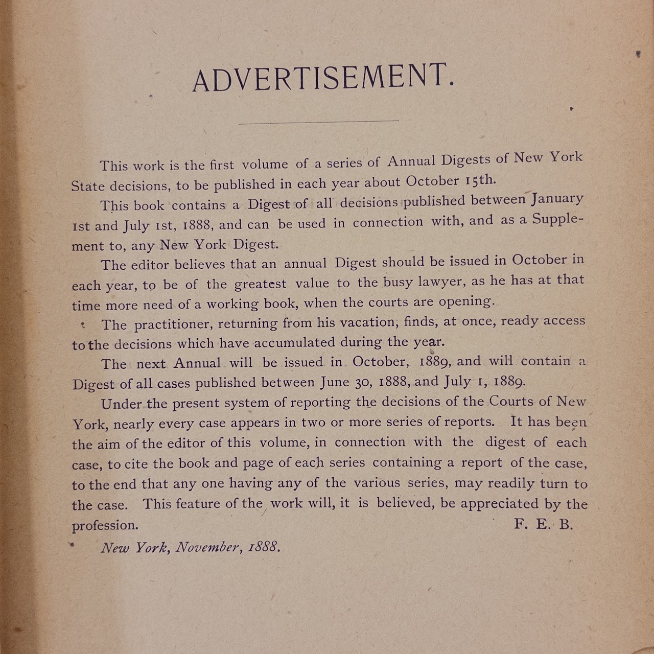 F.E. Barnard, 'A Digest of New York Reports 1/1, 1888 to 7/1, 1888'