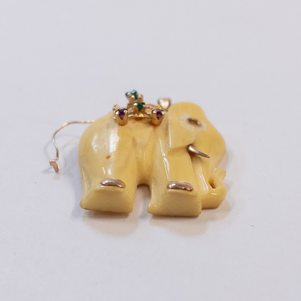 14K Gold and Bone Vintage Elephant Pendant