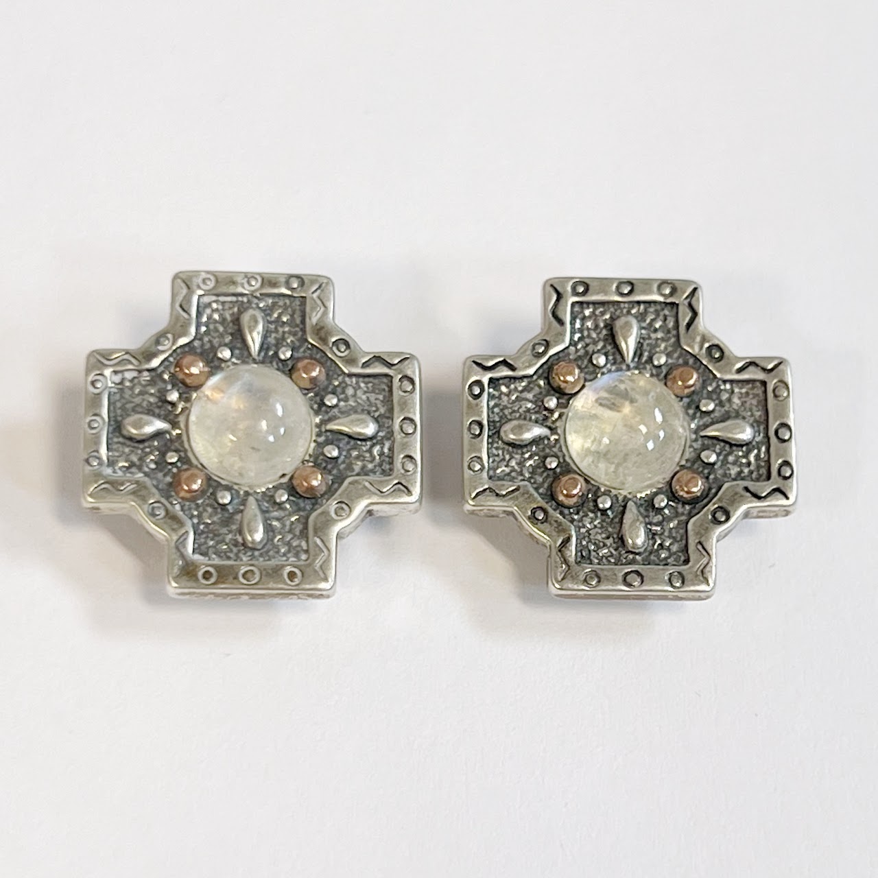 Sterling Silver, 14K Rose Gold and Moonstone Clip Earrings