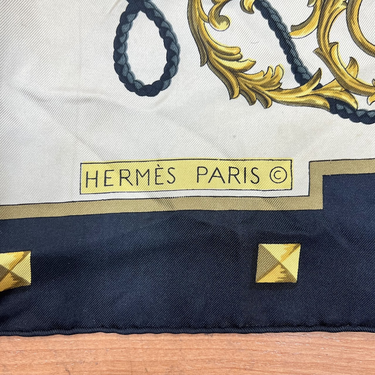 Hermès Les Cles Carre 90 Black and Gold Silk Scarf