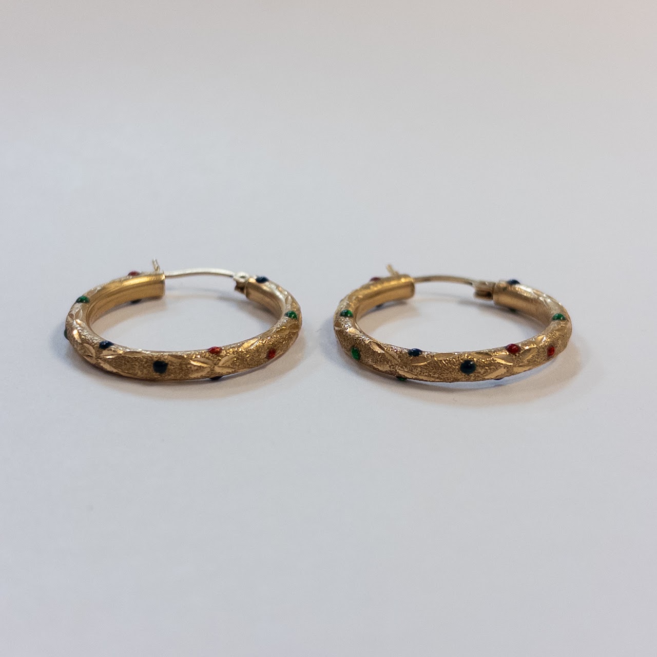 14K Gold and Enamel Etched Hoop Earrings