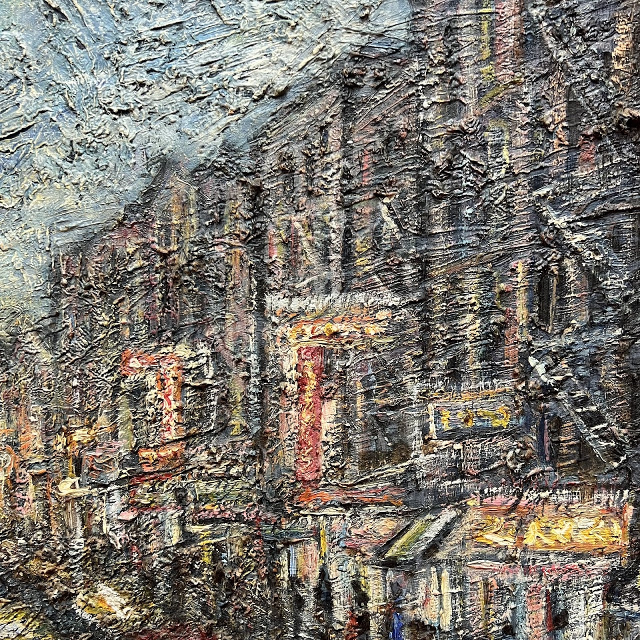 Post-Impressionist Style City Street Scene Oil Painting