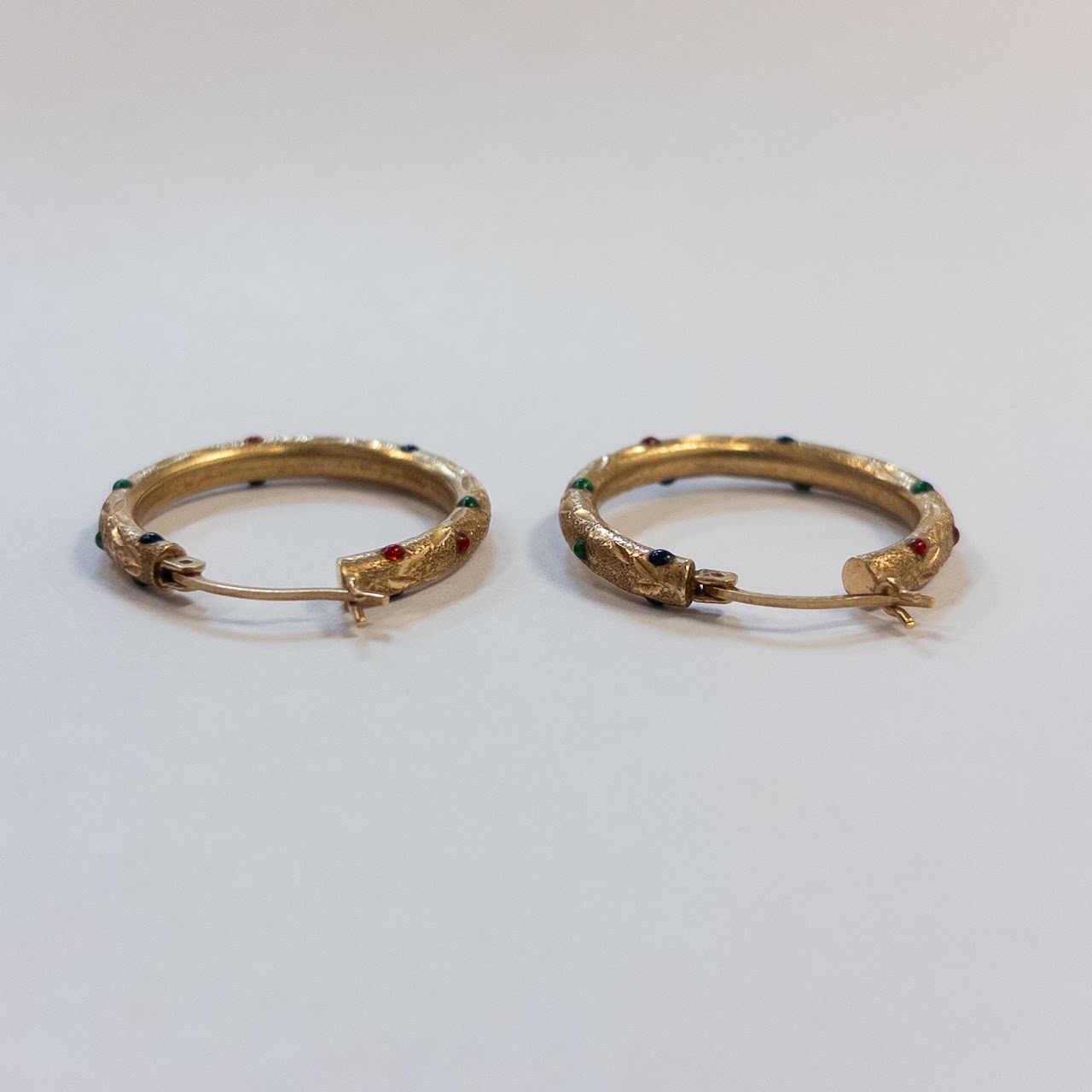 14K Gold and Enamel Etched Hoop Earrings