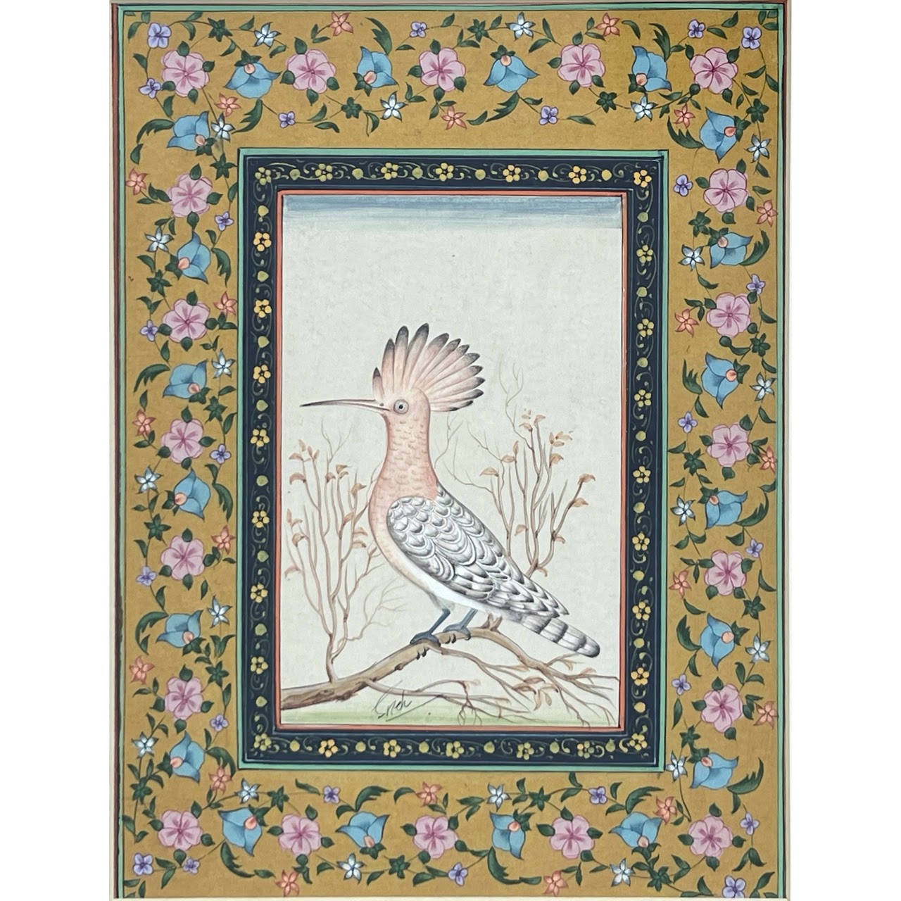 Indian School Hoopoe Bird Signed Gouache Painting