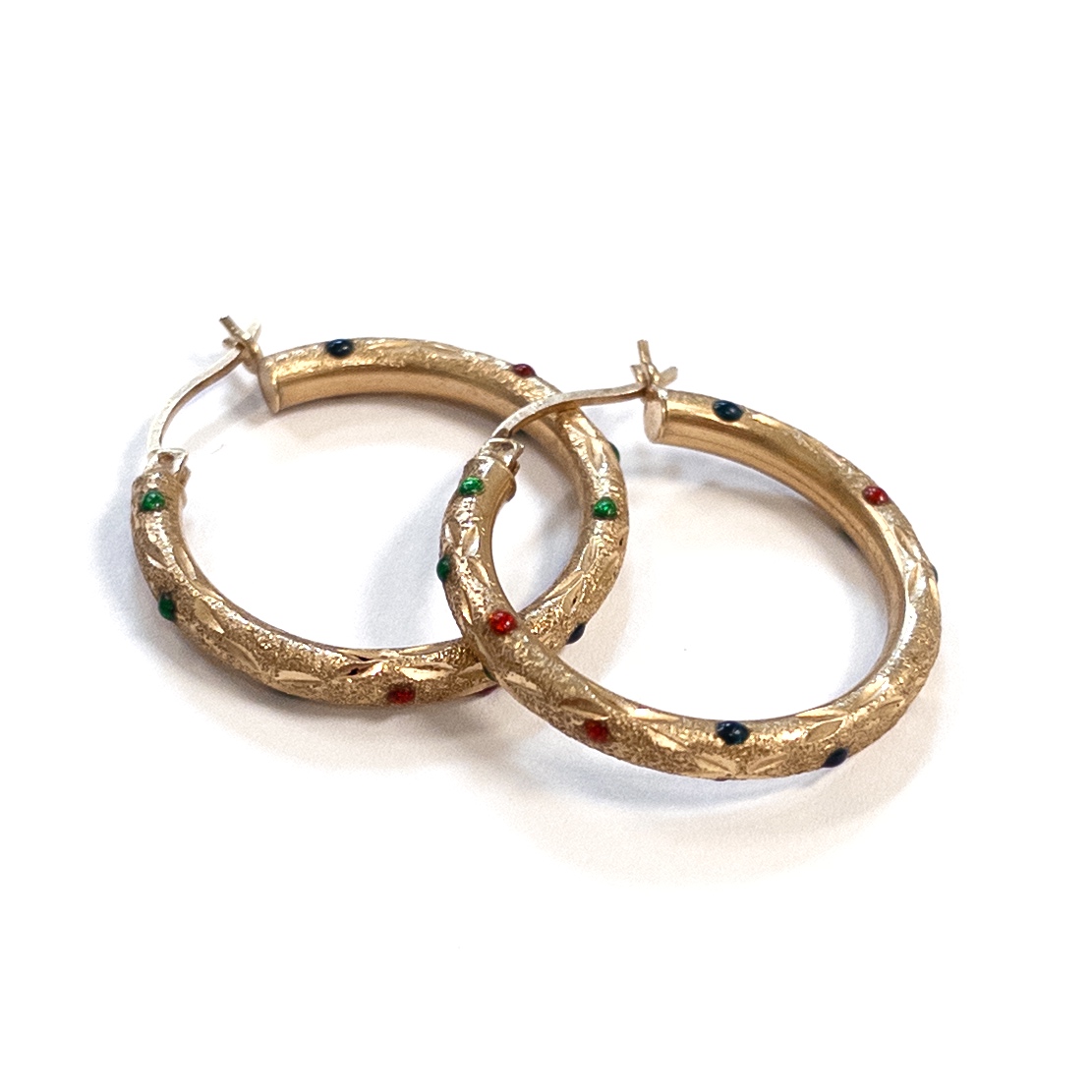 14K Gold and Enamel Etched Hoop Earrings