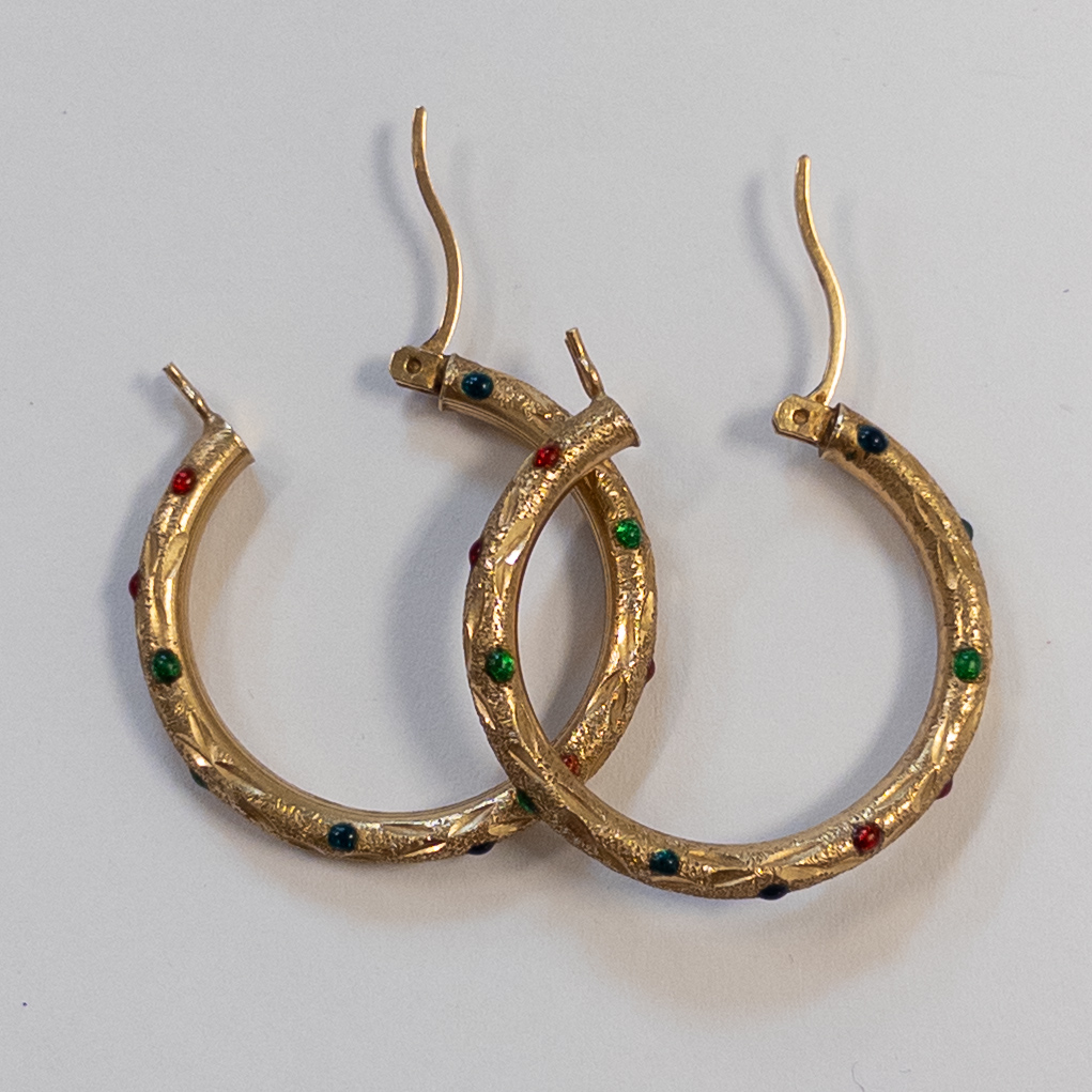 14K Gold and Enamel Etched Hoop Earrings