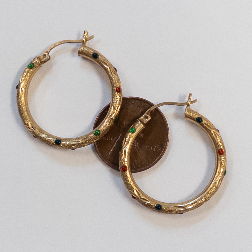 14K Gold and Enamel Etched Hoop Earrings