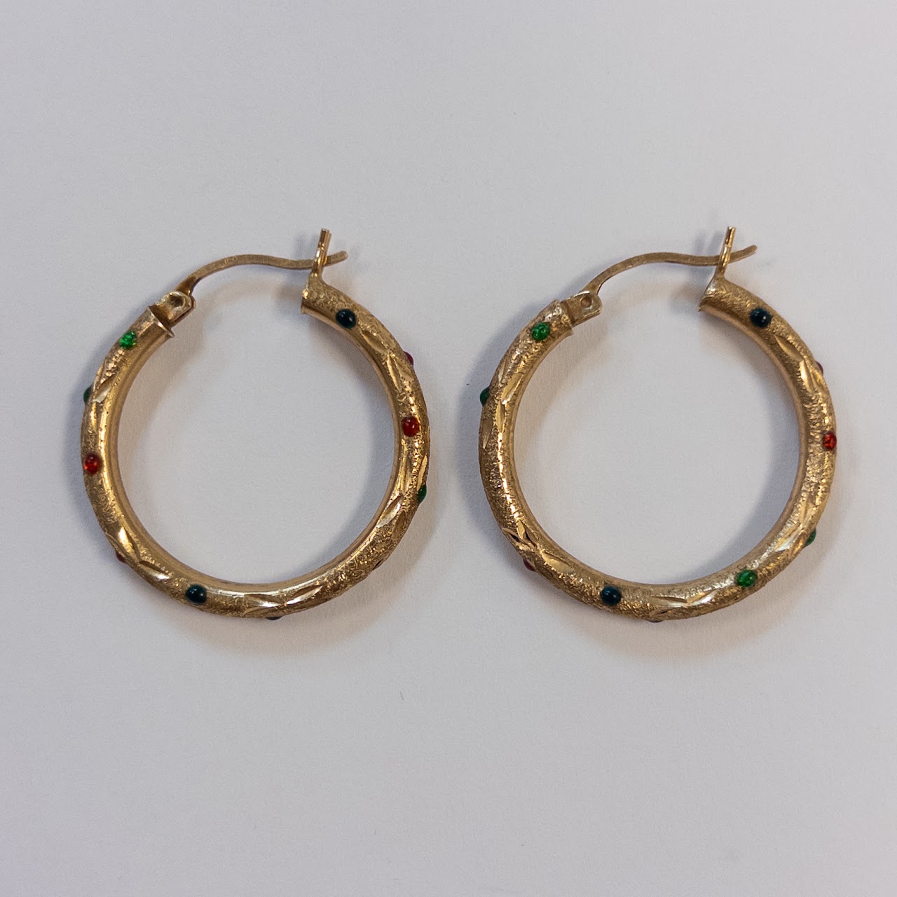 14K Gold and Enamel Etched Hoop Earrings