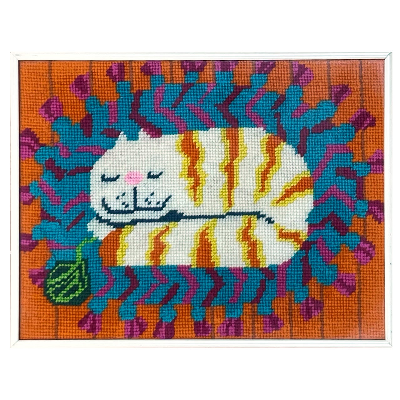 Sleeping Cat Vintage Embroidered Textile