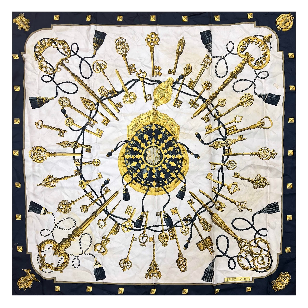 Hermès Les Cles Carre 90 Black and Gold Silk Scarf