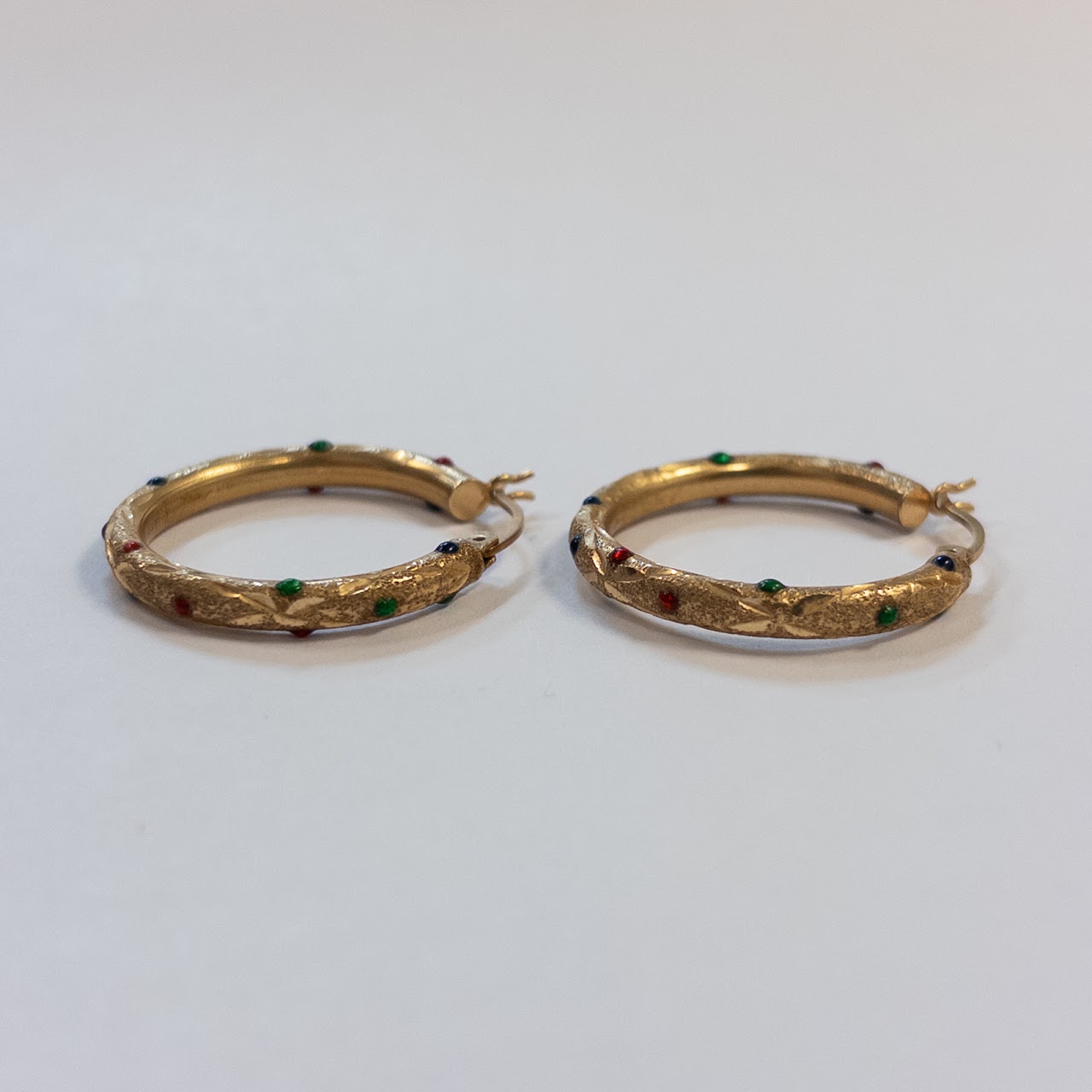 14K Gold and Enamel Etched Hoop Earrings