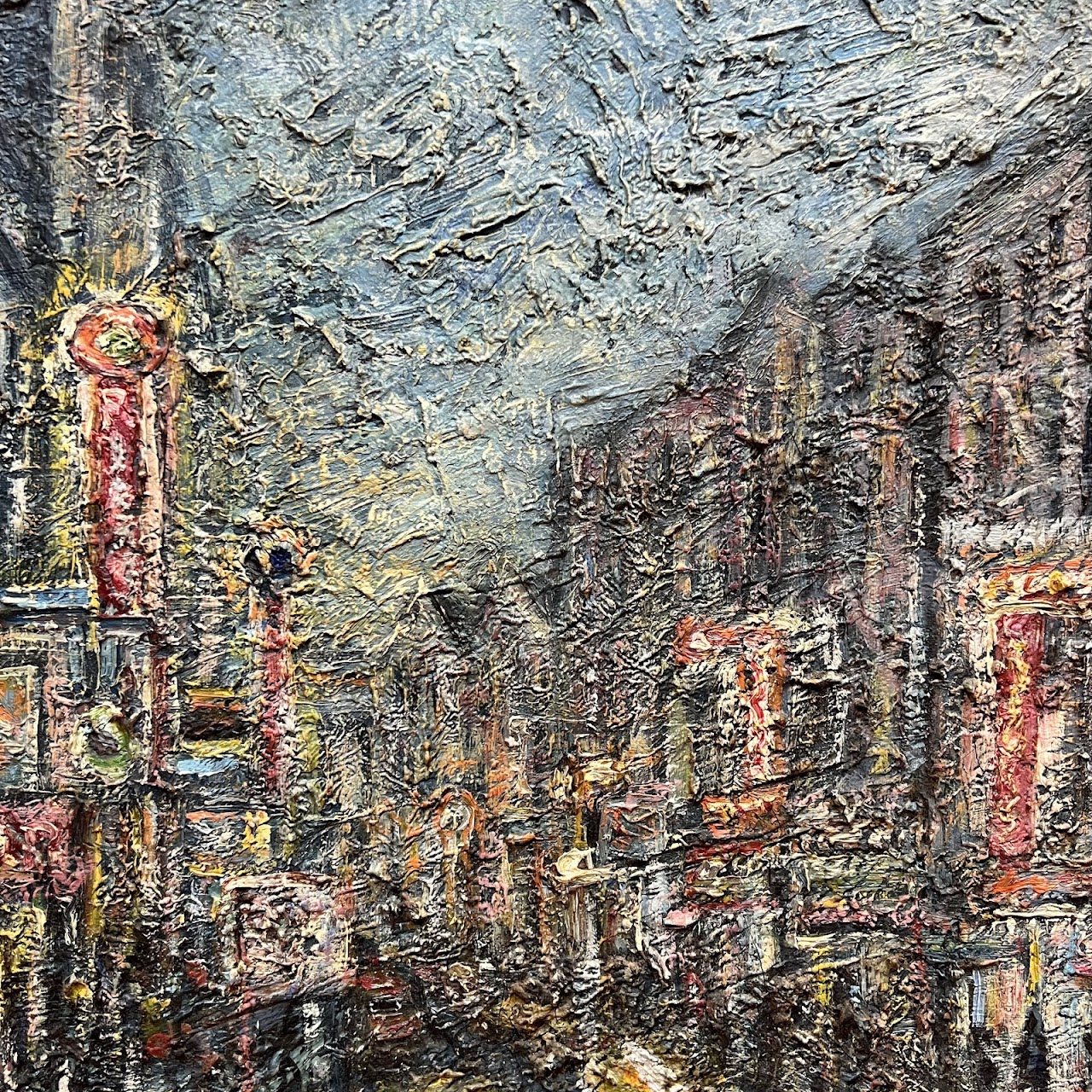 Post-Impressionist Style City Street Scene Oil Painting