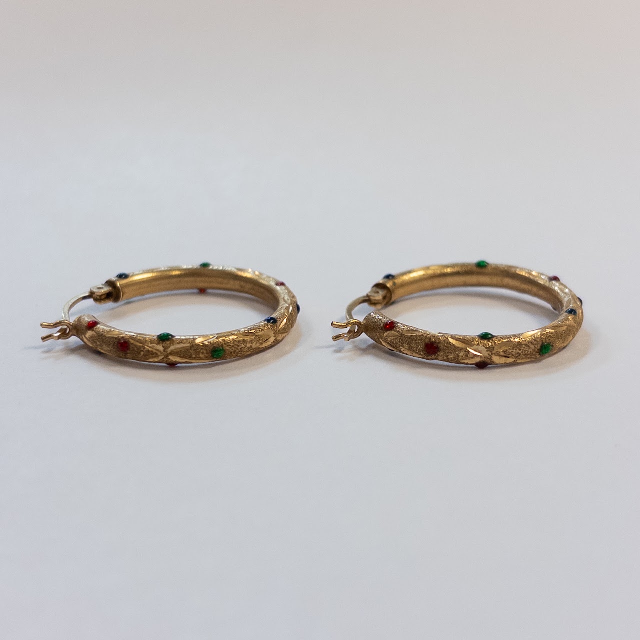 14K Gold and Enamel Etched Hoop Earrings