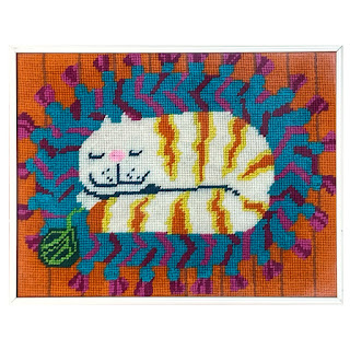 Sleeping Cat Vintage Embroidered Textile