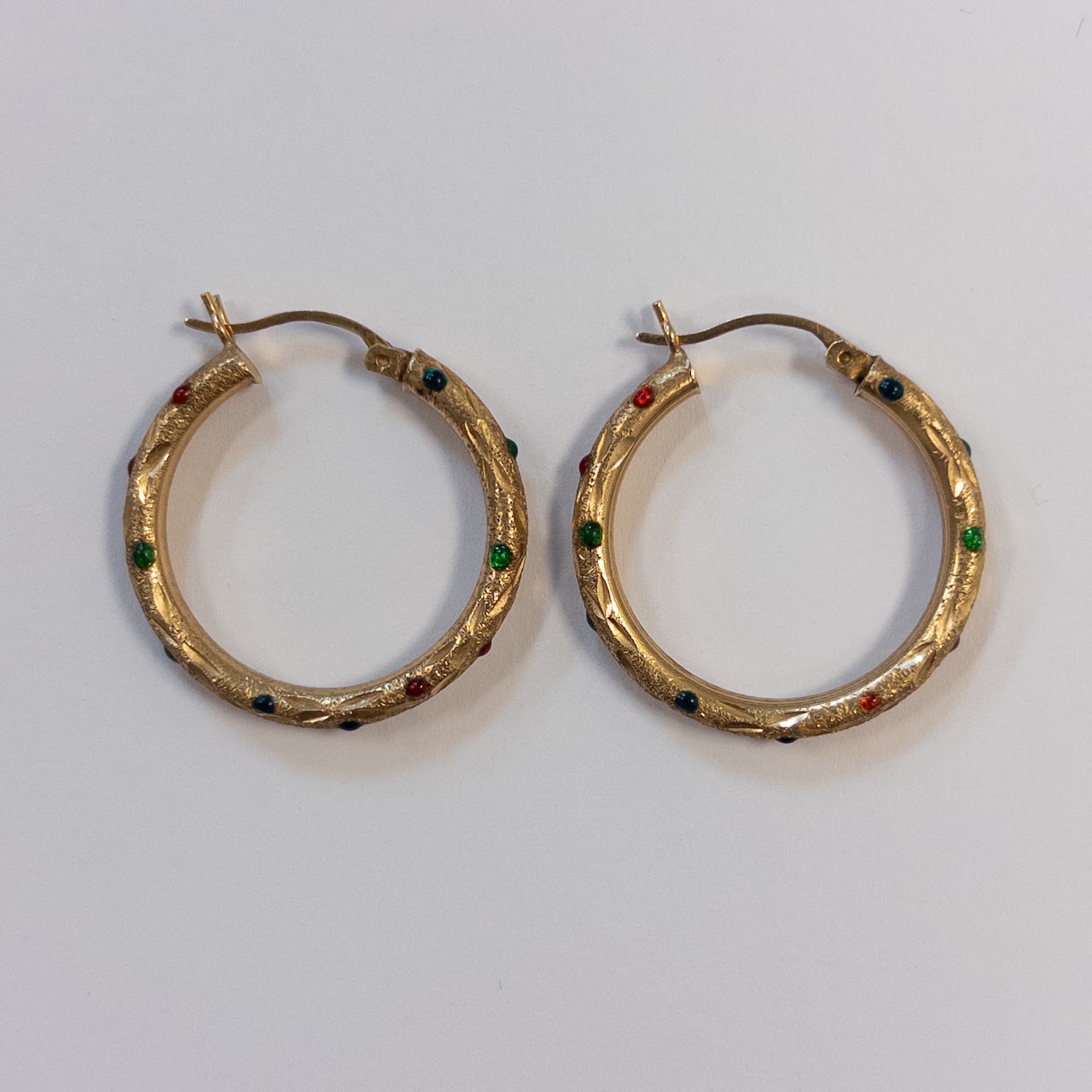 14K Gold and Enamel Etched Hoop Earrings