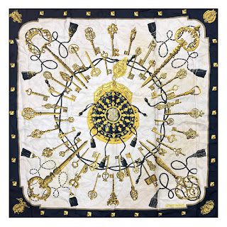 Hermès Les Cles Carre 90 Black and Gold Silk Scarf