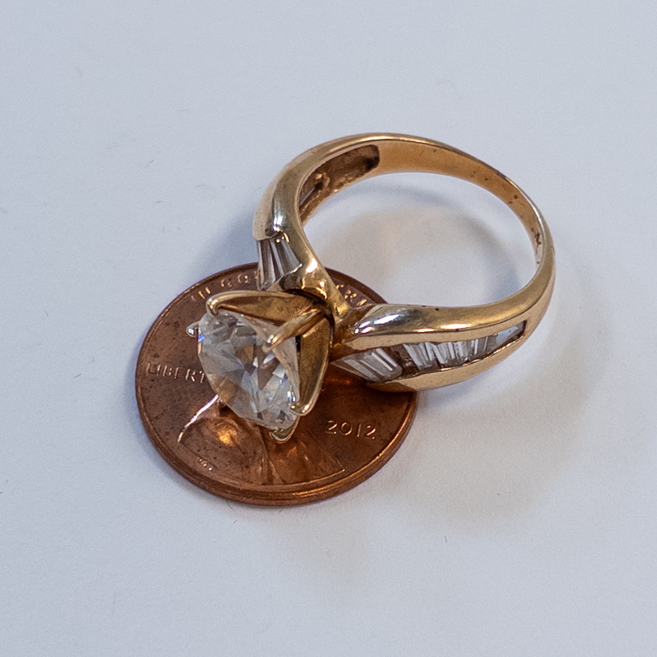 14K Gold Ring with Baguette and Diamond Cut Crystals