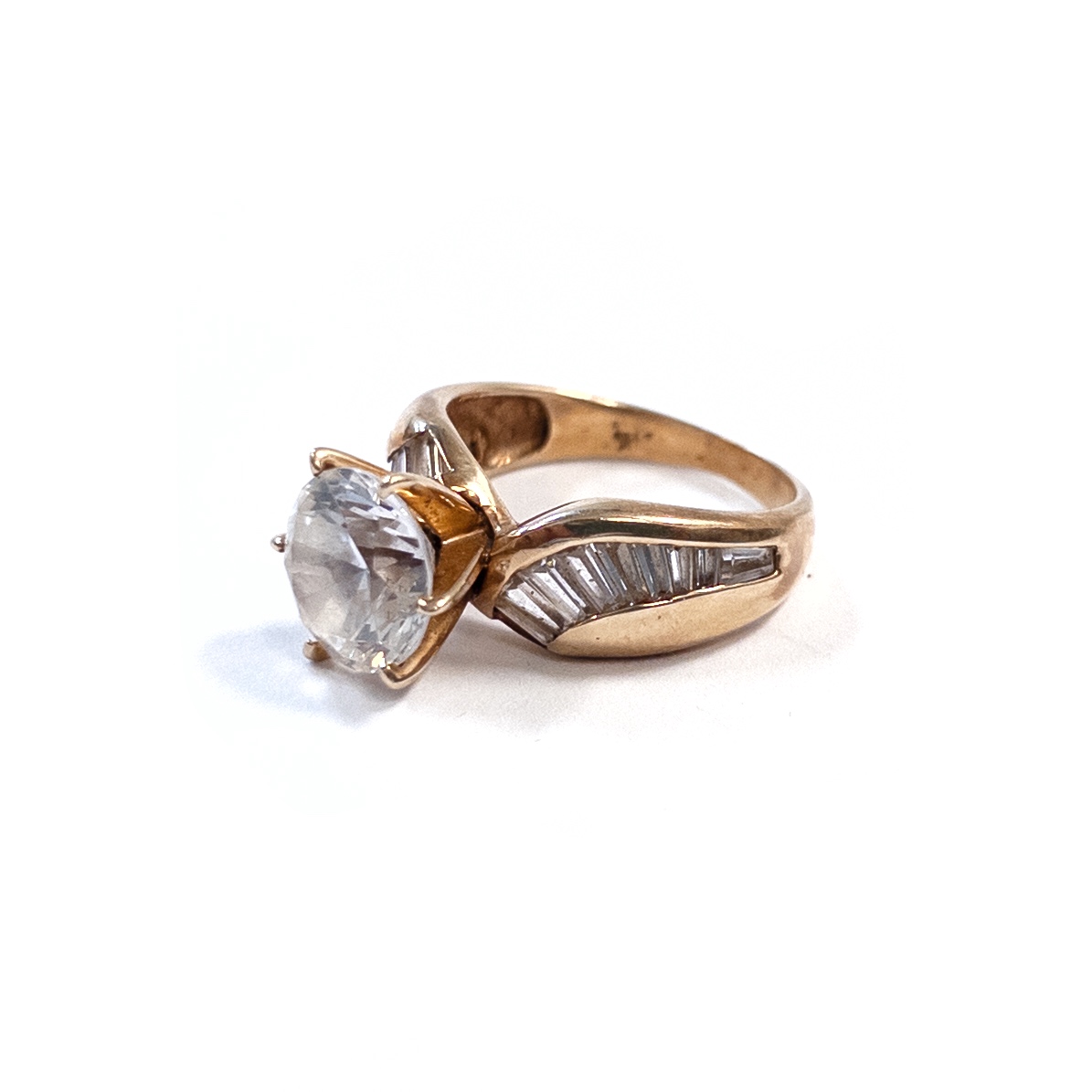 14K Gold Ring with Baguette and Diamond Cut Crystals