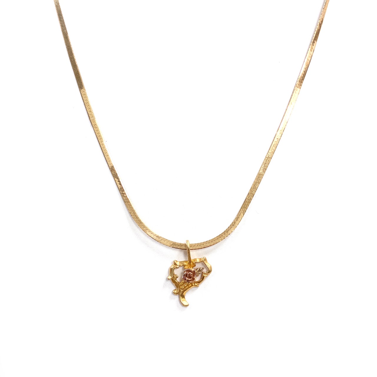 14K Gold Herringbone Necklace with 10K Gold Pendant