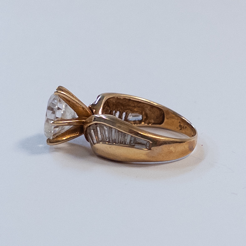 14K Gold Ring with Baguette and Diamond Cut Crystals