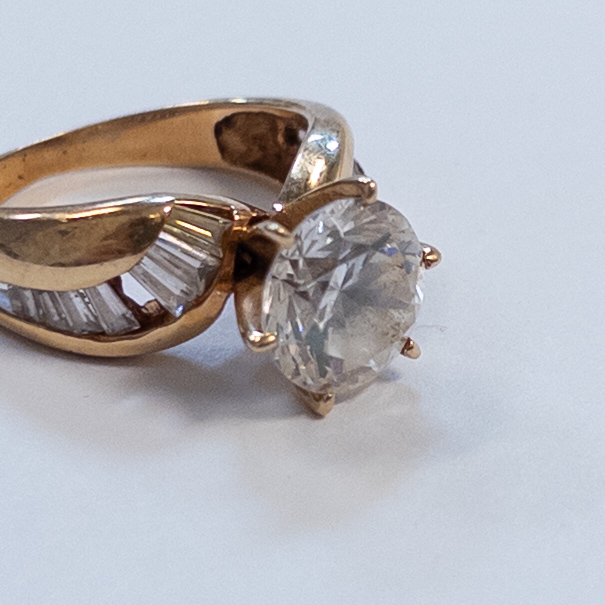 14K Gold Ring with Baguette and Diamond Cut Crystals