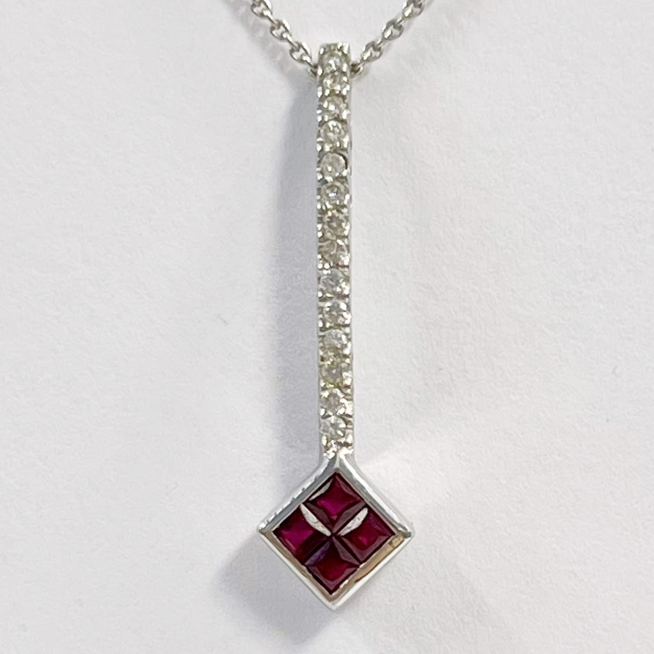 14K White Gold and Clear and Red Stone Pendant Necklace