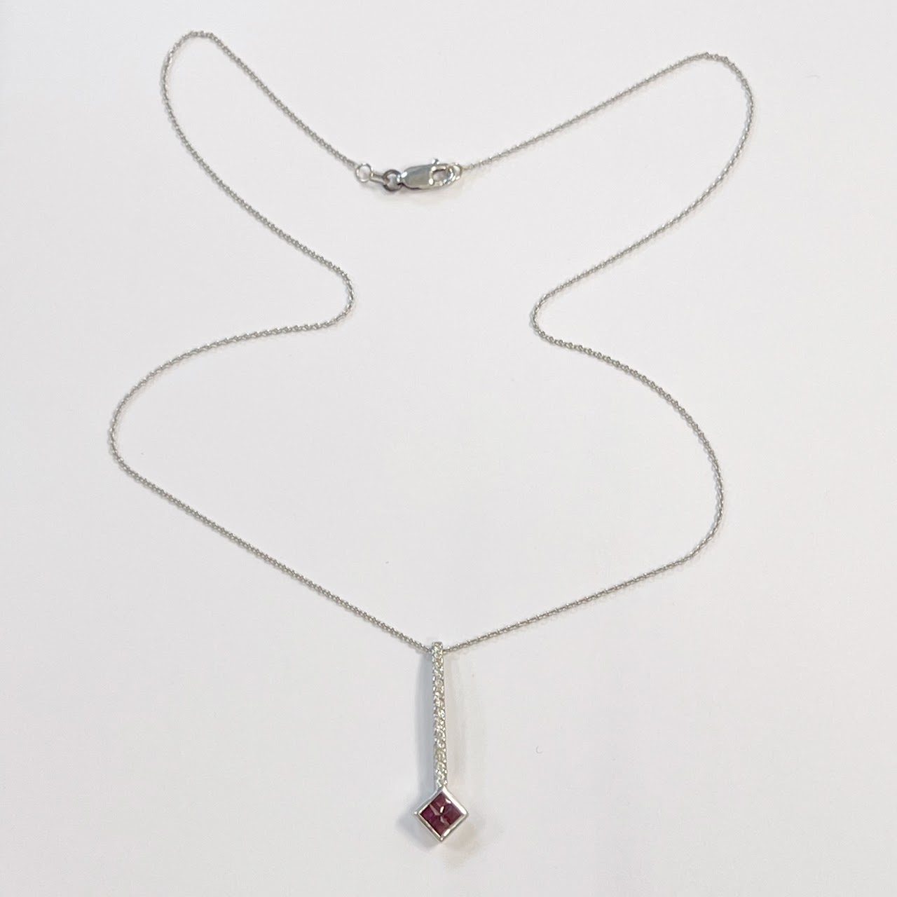 14K White Gold and Clear and Red Stone Pendant Necklace