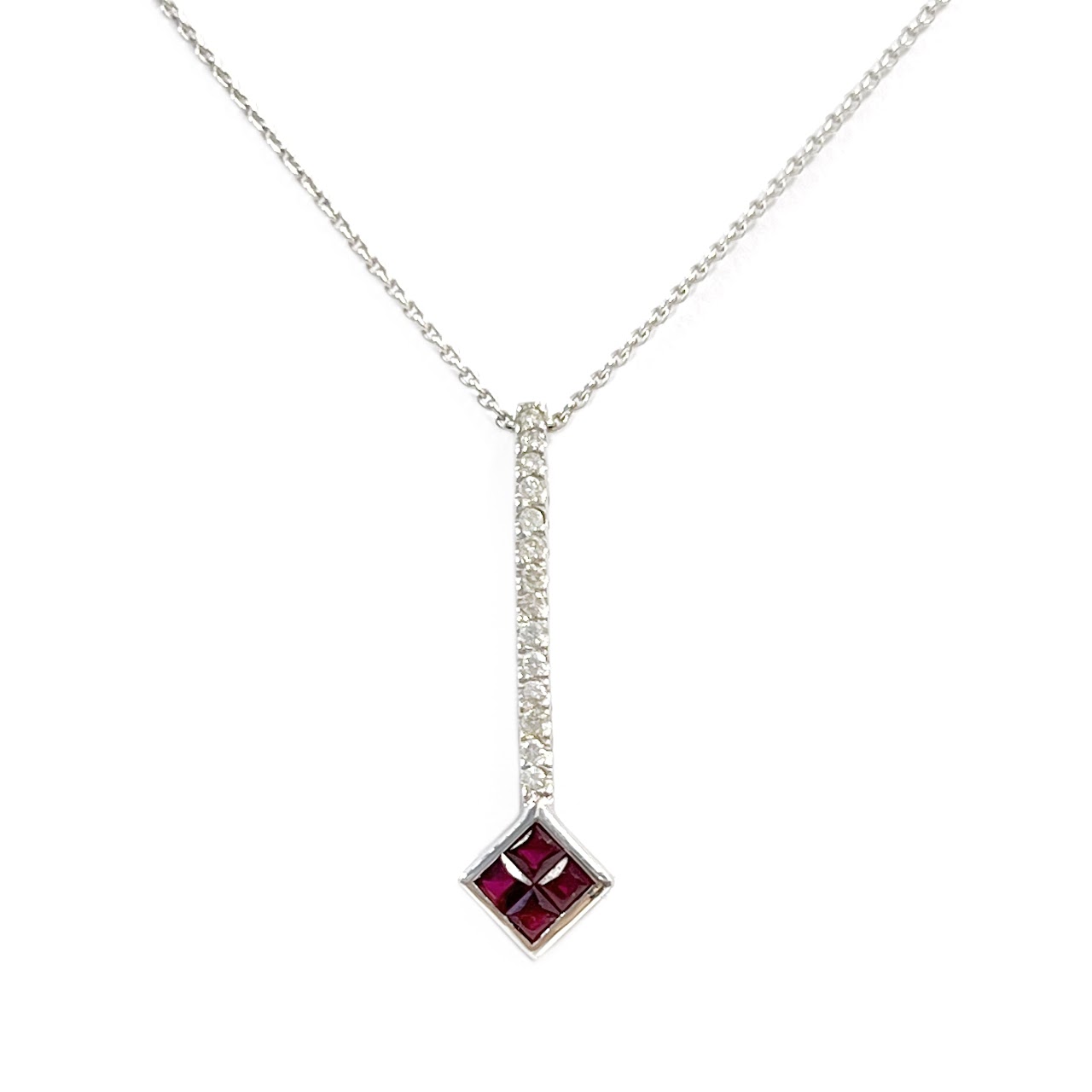 14K White Gold and Clear and Red Stone Pendant Necklace