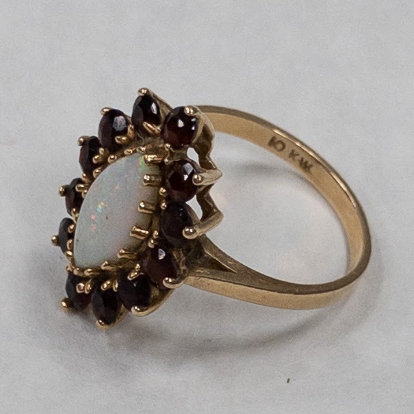 10K Gold Garnet & Opal Marquise Ring