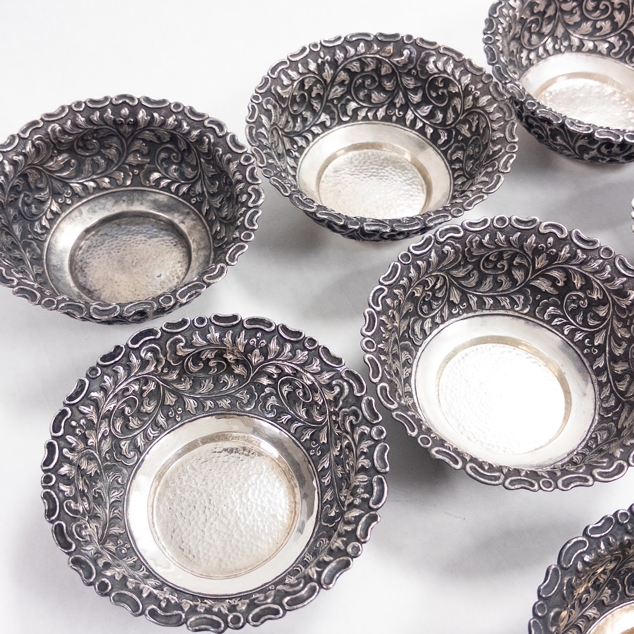 800 Silver Pierced Repoussé Foliate Set of Twelve Bowls