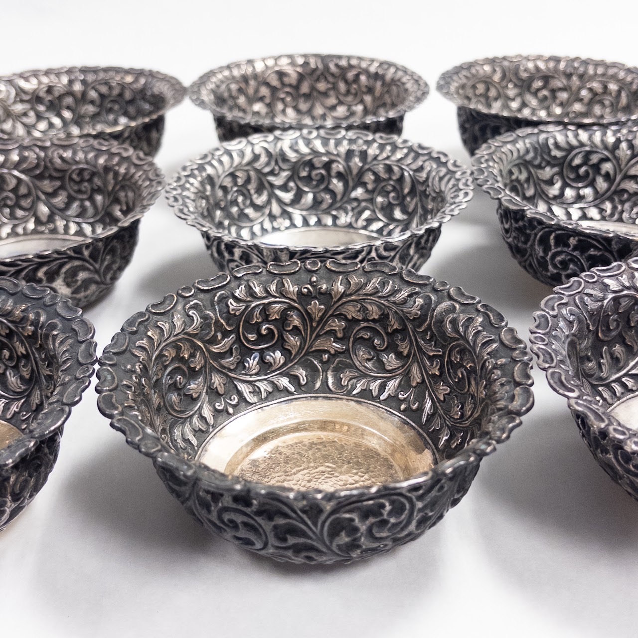 800 Silver Pierced Repoussé Foliate Set of Twelve Bowls