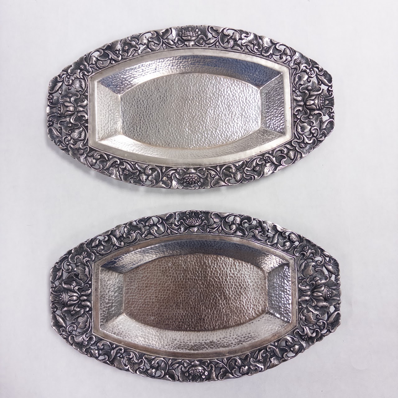 800 Silver Floral Repoussé Pierced Oblong Tray Pair