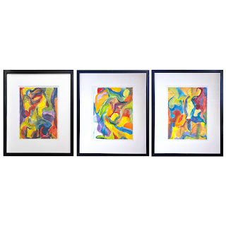 Contemporary Abstract Watercolor and Pastel Painting Triptych