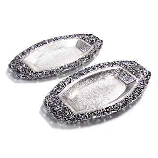 800 Silver Floral Repoussé Pierced Oblong Tray Pair