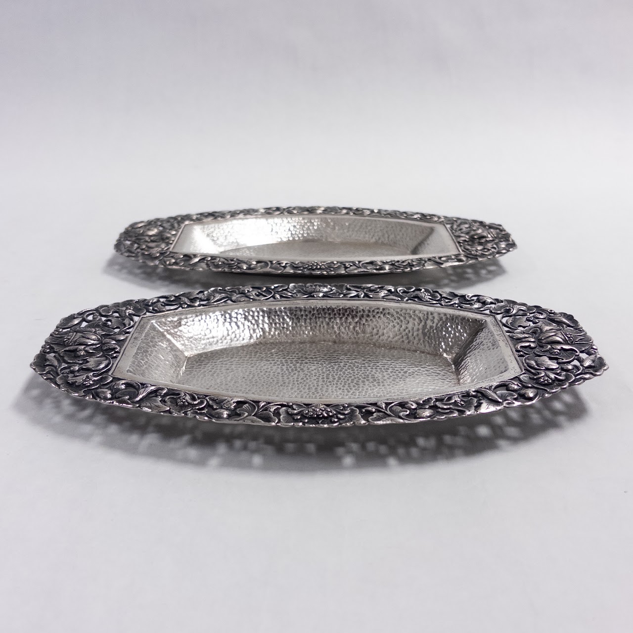 800 Silver Floral Repoussé Pierced Oblong Tray Pair