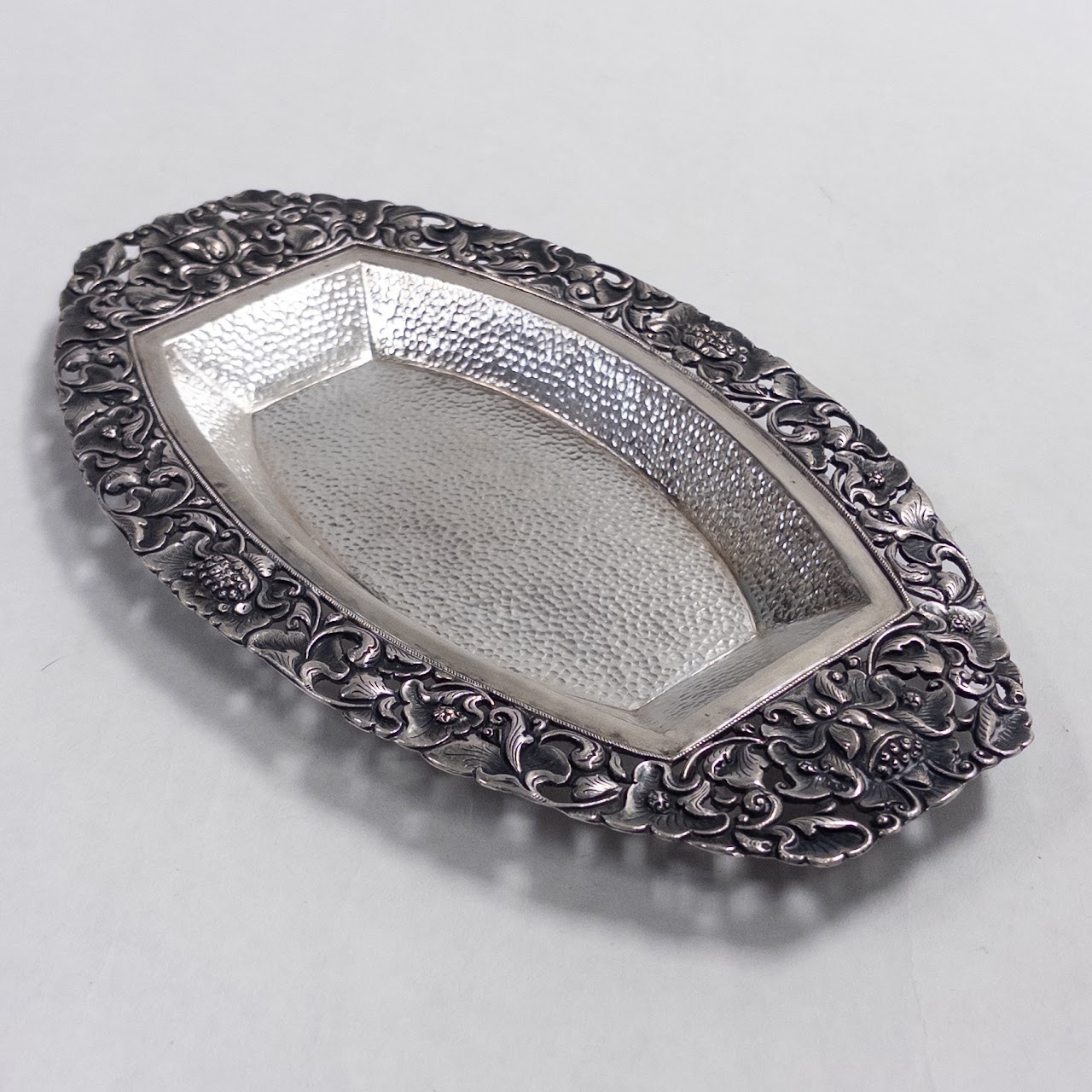 800 Silver Floral Repoussé Pierced Oblong Tray Pair