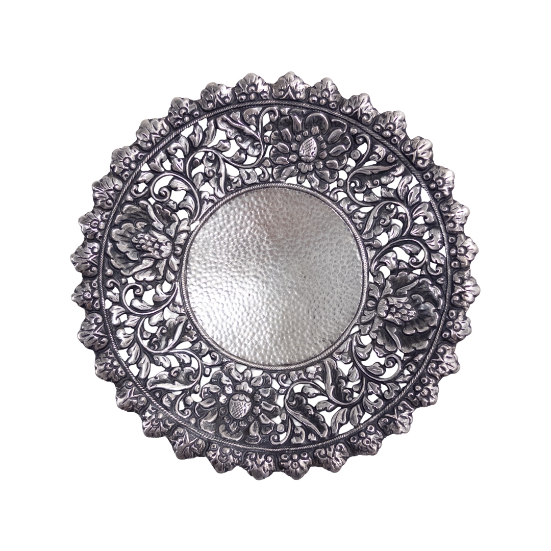 800 Silver Floral Repoussé Pierced 4.5" Plate