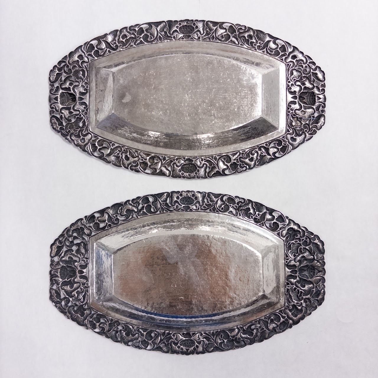 800 Silver Floral Repoussé Pierced Oblong Tray Pair