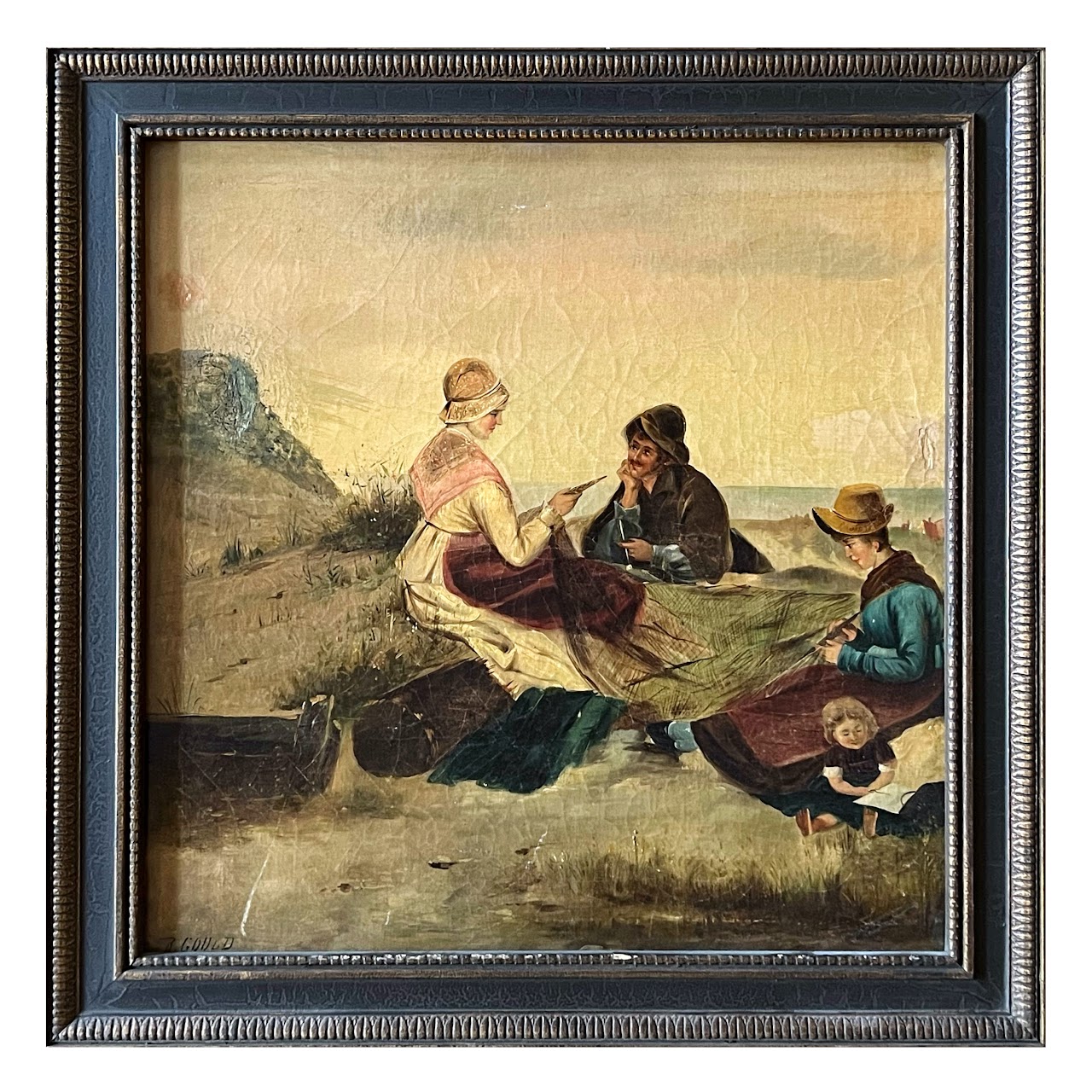 R. Gould Signed Antique Seaside Scene Oil Painting