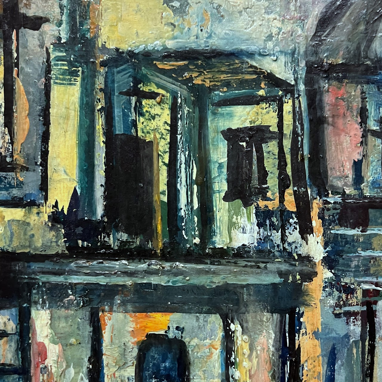 Mid-Century Modernist Cityscape Oil Painting