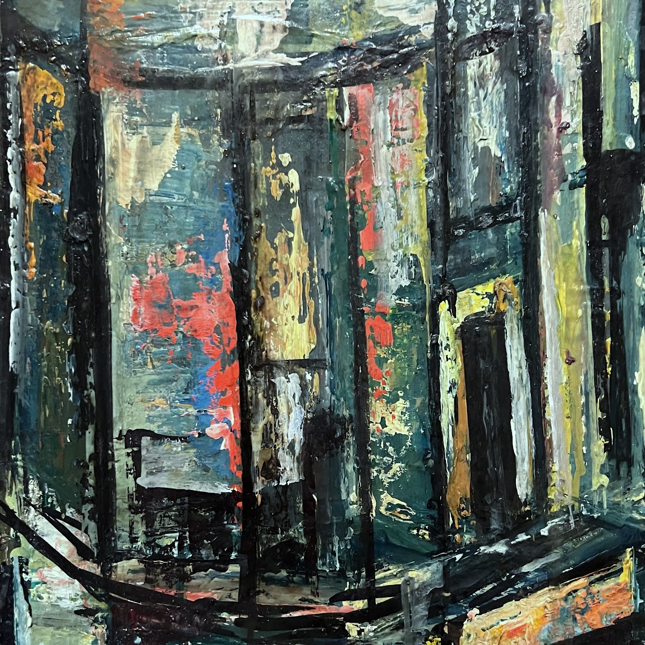 Mid-Century Modernist Cityscape Oil Painting