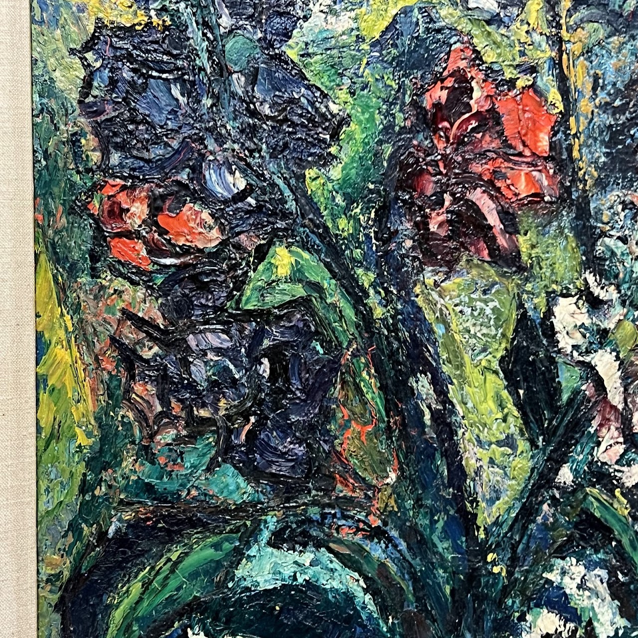 G. Gould Signed Mid-Century Expressionist Still Life with Irises Oil Painting