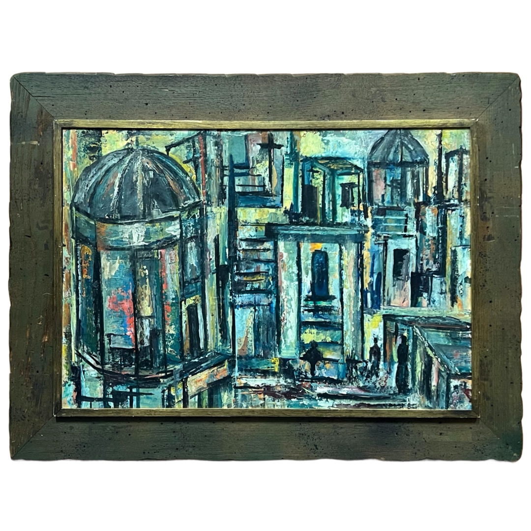 Mid-Century Modernist Cityscape Oil Painting