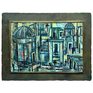 Mid-Century Modernist Cityscape Oil Painting