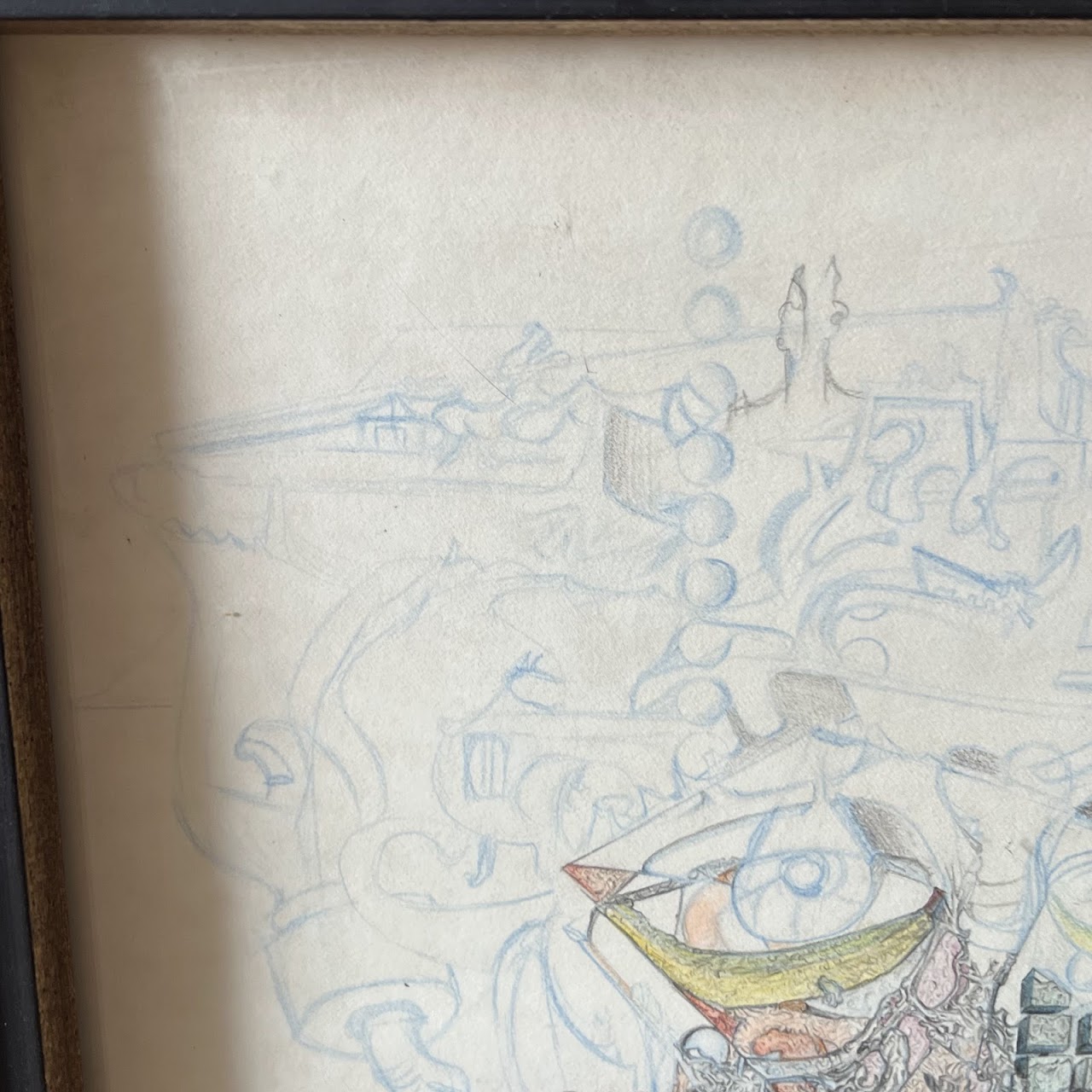 Marcel Signed Surrealist Pencil and Colored Pencil Drawing, 1968