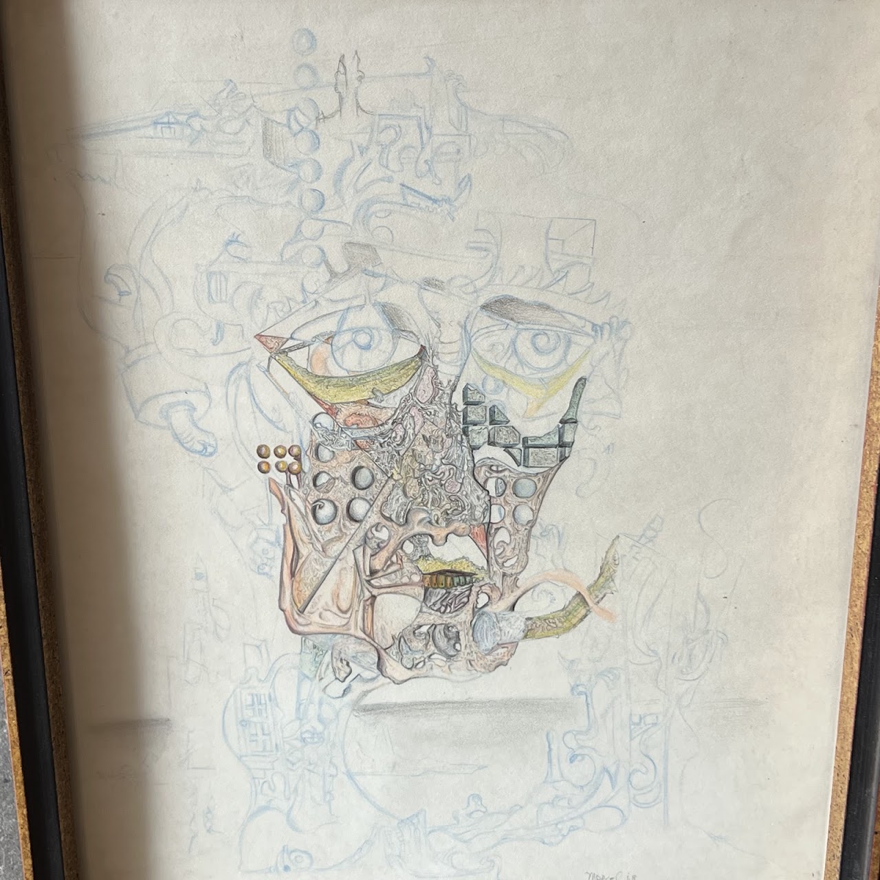 Marcel Signed Surrealist Pencil and Colored Pencil Drawing, 1968